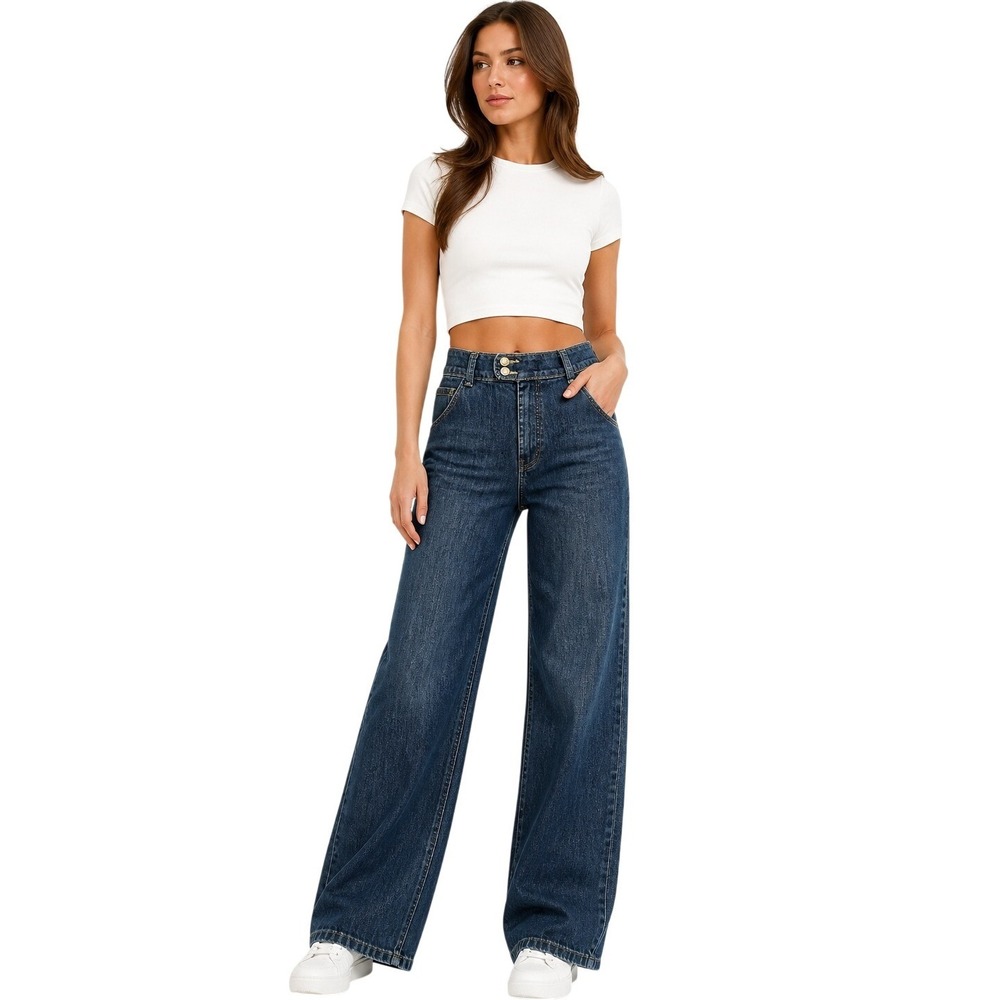 Nine West High Rise Wide Leg Jeans Dark Wash Stretch 14/31